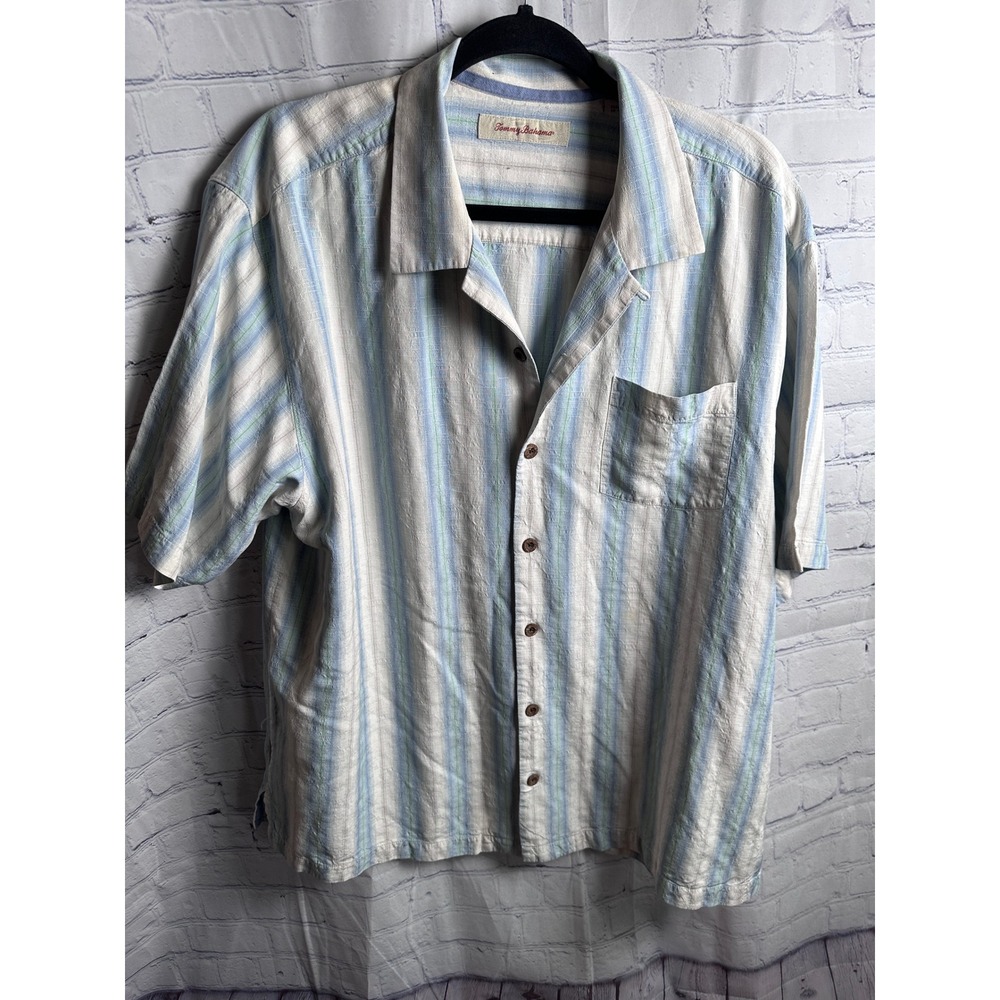Tommy‎ Bahama Silk Camp Shirt Striped Button Up Short Sleeve XL